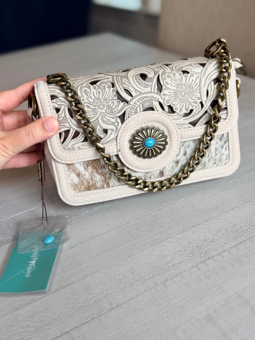 Trinity Ranch Cowhide Floral Cutout Crossbody Bag Tan
